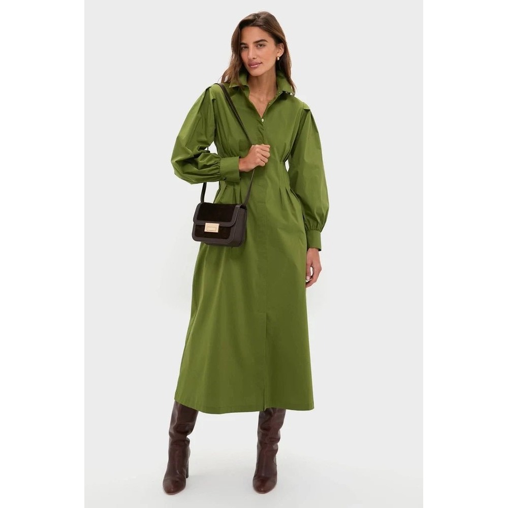 Tuckernuck Fern Corinne Dress Olive Green Puff Sleeve Midi Shirtdress Womens